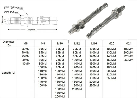 Ancoraggio di cuneo in acciaio d'argento resistente alla corrosione DIN Standard Ancoraggio di cuneo in acciaio d'argento M6 M8 M10 M12 M16