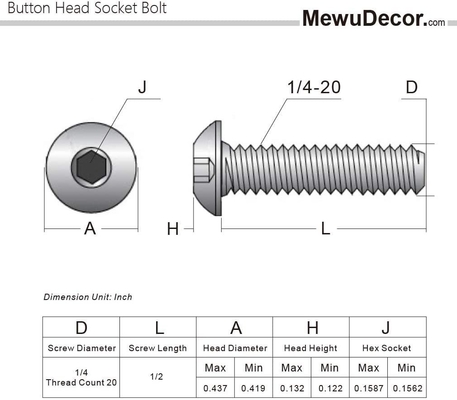 1/4-20 x 1/2 pollice Testa bottone presa cappuccio bulloni 18-8 acciaio inossidabile 304 Finitura piana Full Thread Allen Hex Drive Testa pan