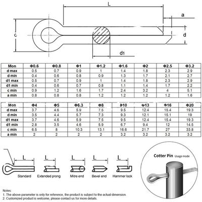 A2 A4 304 316 Galvanizzati Cotter Spring Pins Conformi alla norma DIN94 per applicazioni pesanti