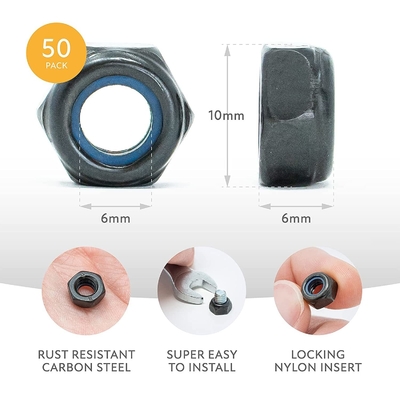 JIS Standard Self-Threading M6 Hex Nuts con inserti anti-vibrazione di nylon lock in acciaio inossidabile 201/304/316 finitura di ossido nero
