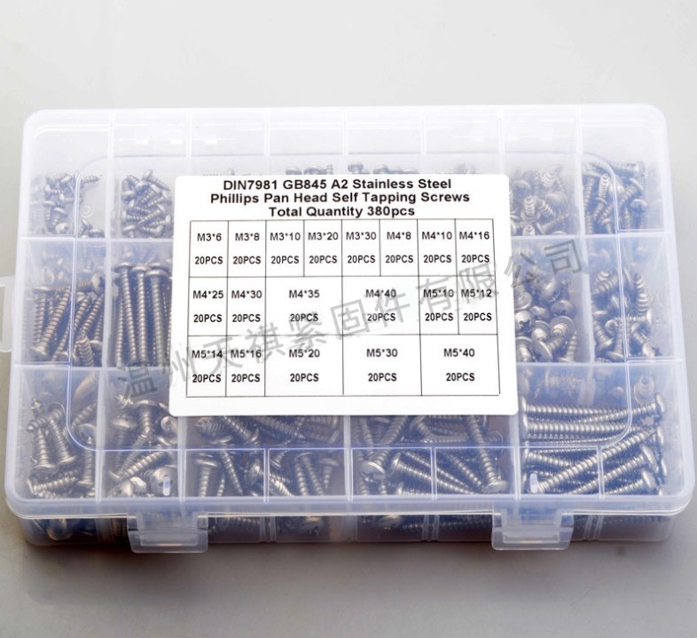 17*10*2.3 Composizione combinata di dadi a vite 380pcs in acciaio inossidabile 304 din7981 testa a croce / testa rotonda autotapping m3m4m5 Kit di assortimento